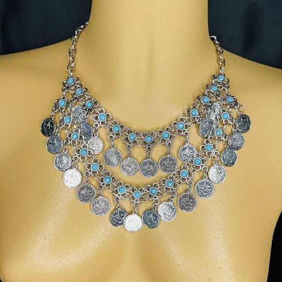 Lucky & Blessed Bohemian Floral Blue Silver Coin Layered Dangle Bib Necklace L&B - Picture 3 of 16